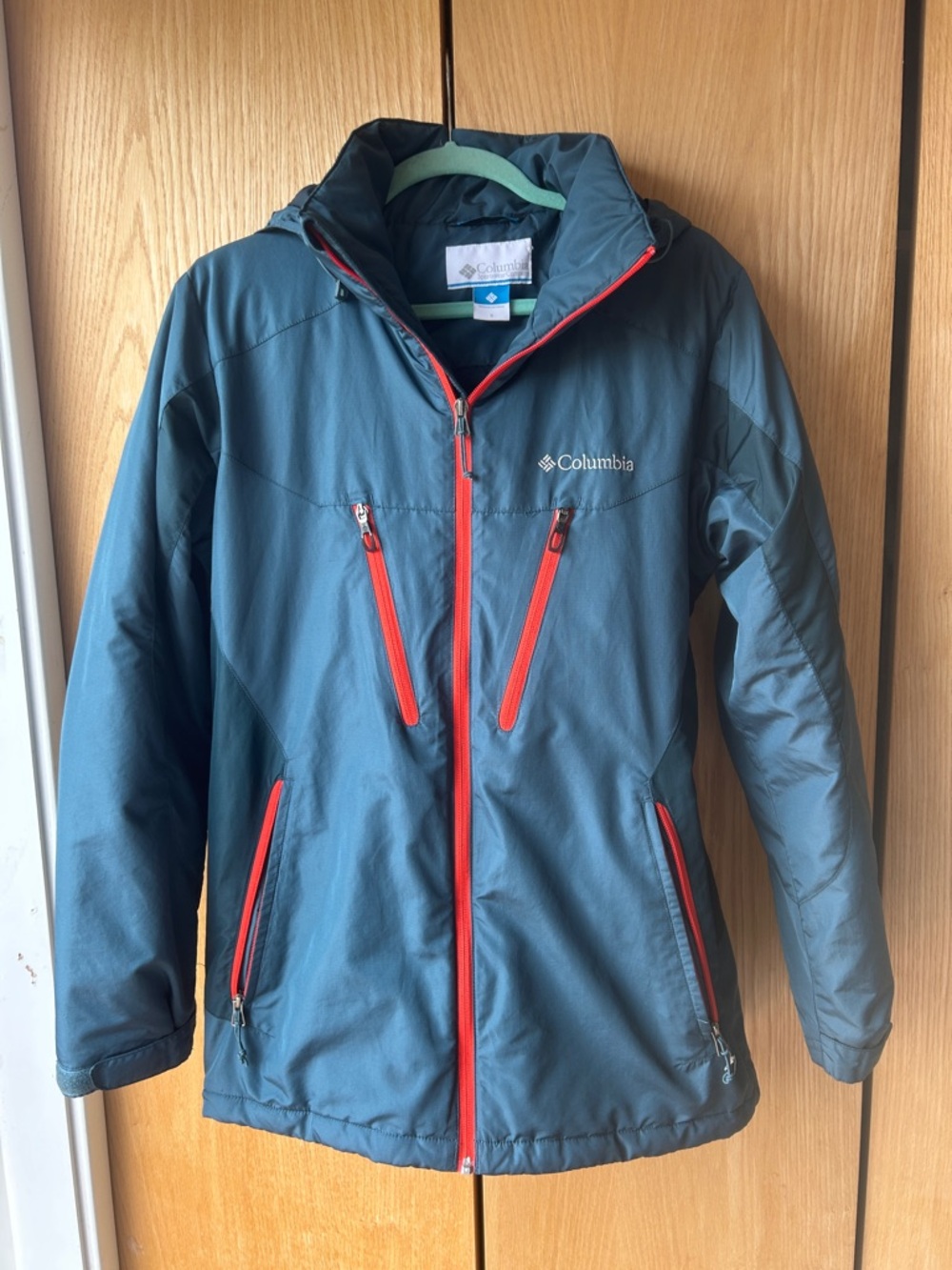 Columbia Teal-Blue Jacket with Red Zipper Accents